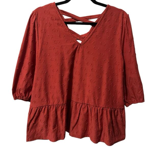 Lee Tops - LEE Rust Textured Dot Peplum Crisscross Back Top Women’s XL 3/4 Sleeve Boho